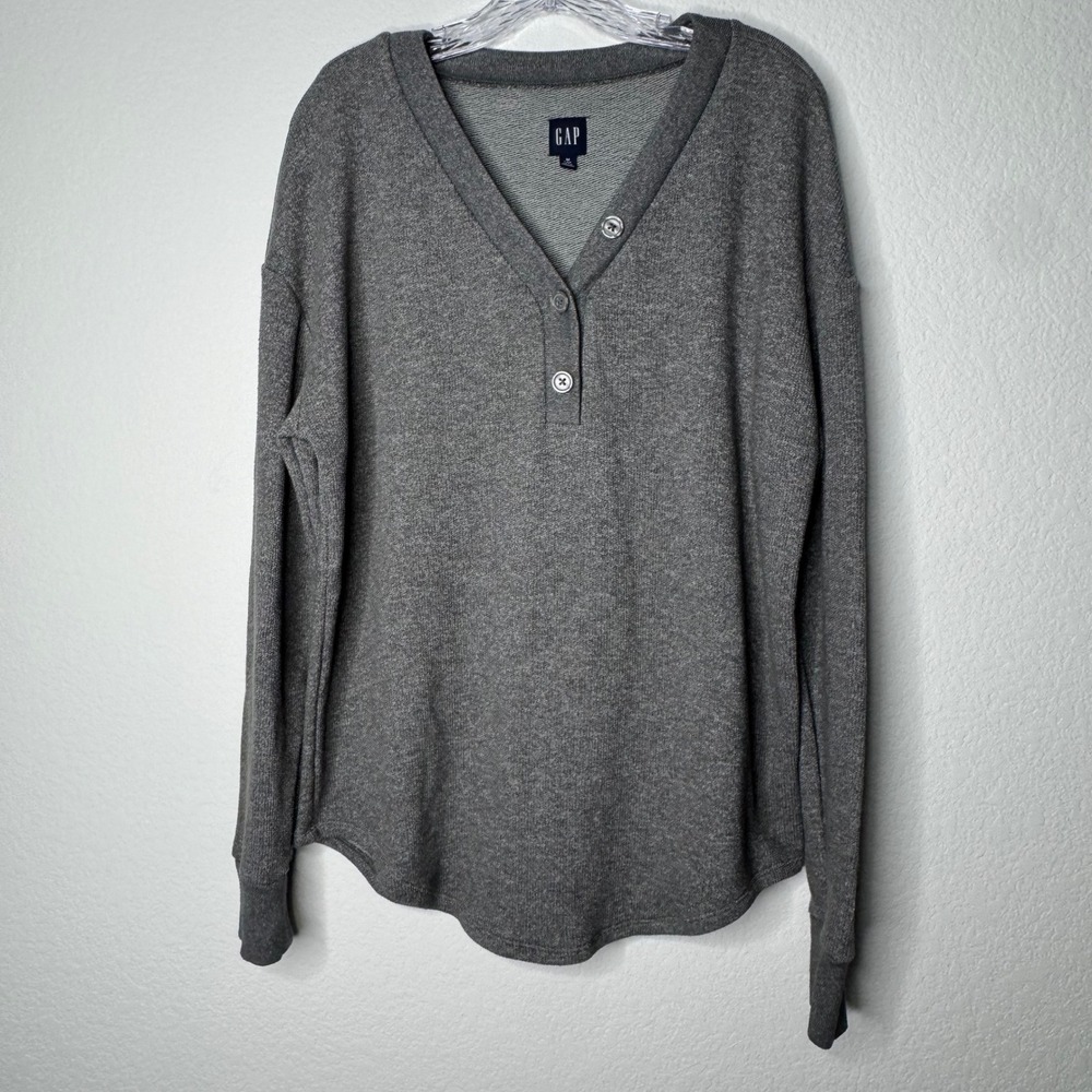 Gap Heather Grey Cozy Marl Henley Long Sleeve Sweatshirt Womens Size M Tall FA21